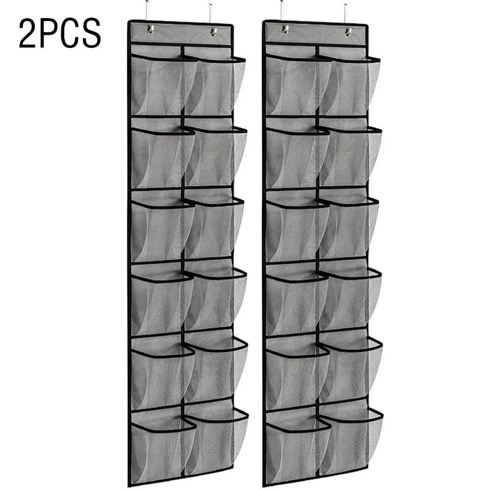 12 Pockets Over the Door Shoe Organizer Large Mesh Pockets With 2 Hooks Transparent Fabric Shoe Rack Storage Bag For Bedroom