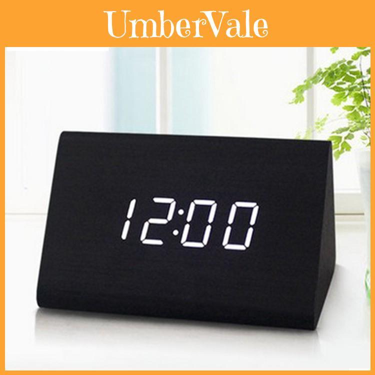 Elegant Imitation Wood Led Display Alarm Digital Triangular Desk Clock With Thermometer