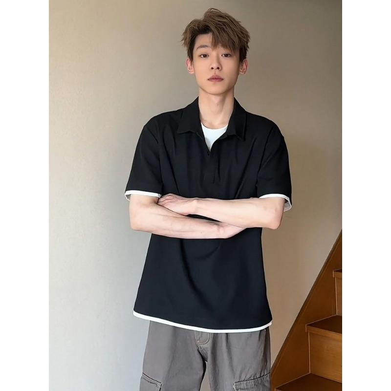 Men Casual Contrast Trim Polo Shirt Short Sleeve V Neck Loose Fit Daily Office Wear
