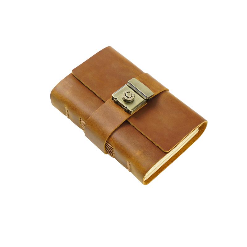 AIGUONIU Retro Handmade Genuine Leather Notebook A7 Hardcover Size with Password Lock Sketchbook for Men and Women