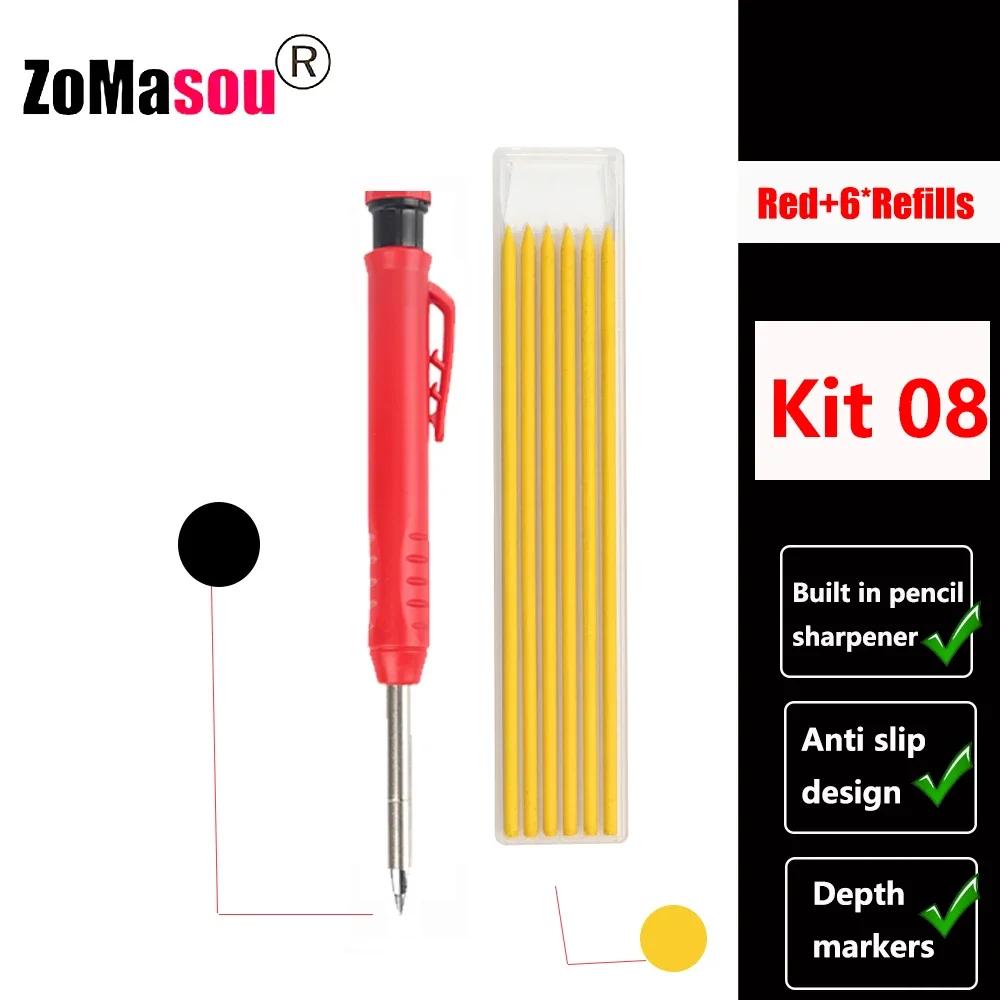Reuseable Long Head Deep Hole Markers Pen Pencils Solid Carpenter Refill Leads Built-in Sharpener Woodwork Construction Tools