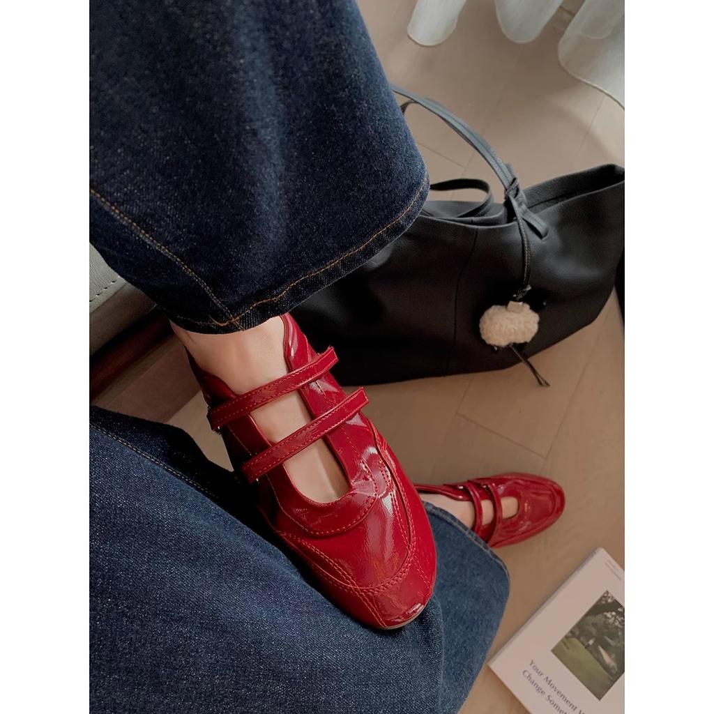 Sheepskin version~ Ballet style Velcro round head lazy casual shoes women Mary Jane single shoes