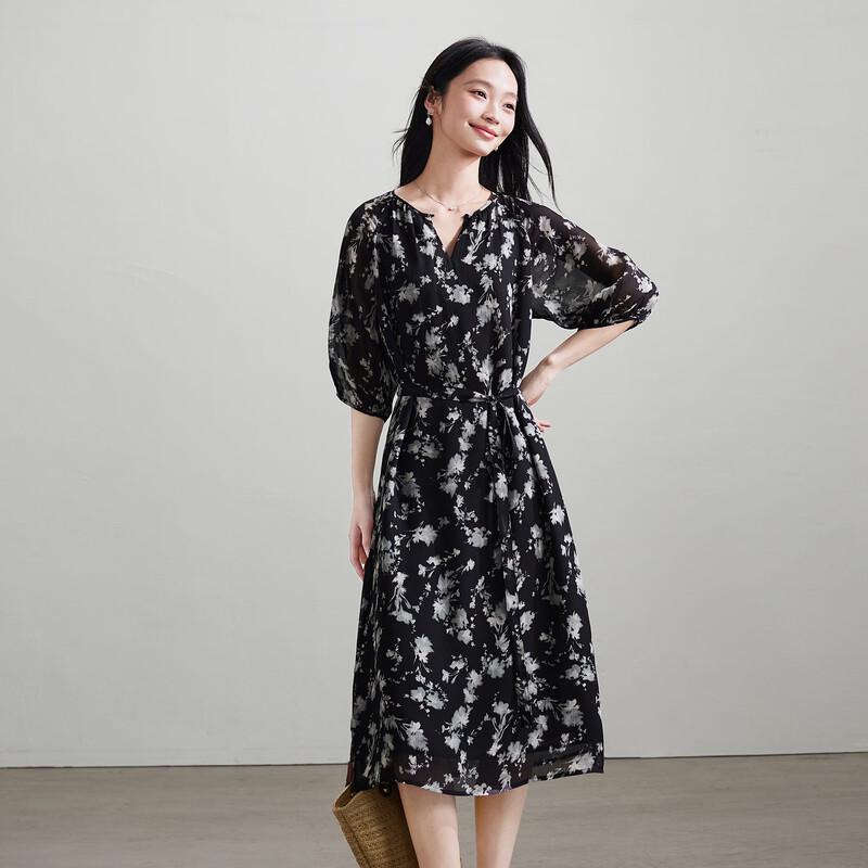 SOFSIL Black Floral V-Neck Midi Dress L