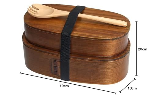 YFWOOD Bentwood Lunch Box, 1000ml, with Spork, Conveniently Stored, Oval Two-Tier Nesting Box, Made of Natural Cedar Wood, Genuine Lacquer Finish, Moi