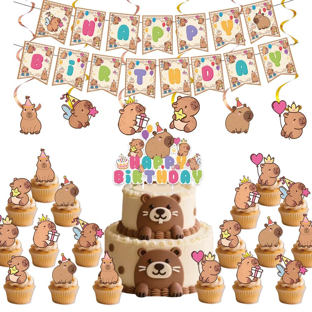 Capybara Party Set: Disposable Plates, Cups, Napkins, Tablecloth, Banner for Boys