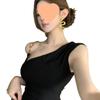 Women's Black One-Shoulder Dress with Metal Straps - French Elegance, Hip-Hugging Design