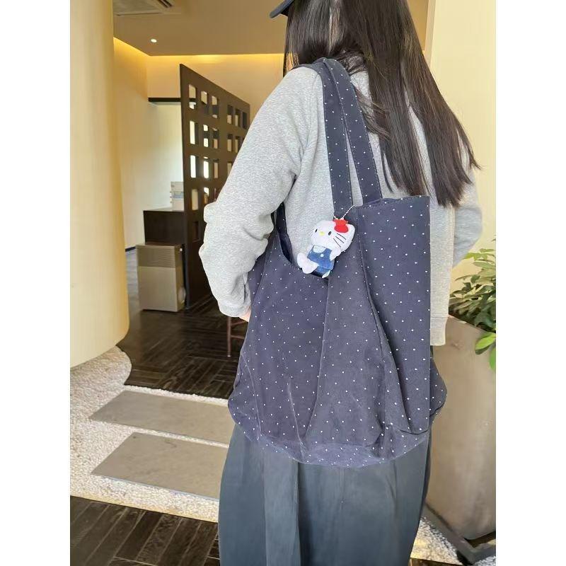 Korean Polka Dot Canvas Tote – Women's Minimalist Shoulder Bag with Large Capacity