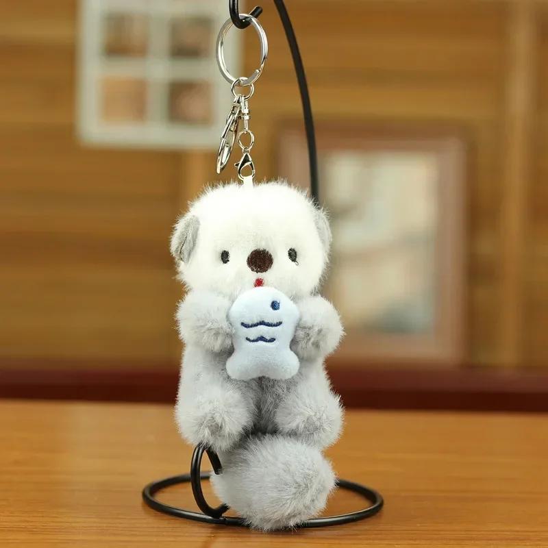 Cute Plush Otters Holding Fish Stylish Backpack Lovely Animal School Bag Key Wallet Pendant Toy Student Gift Bag Charm