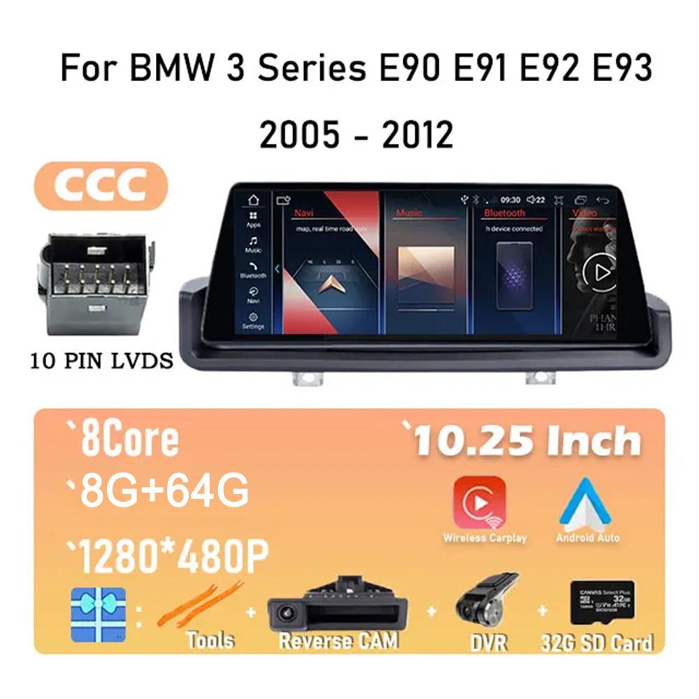 10.25" IPS Screen Car Radio Stereo Video Player GPS Navigation For BMW 3 Series E90 E91 E92 E93 2005 - 2012 Android 14 System