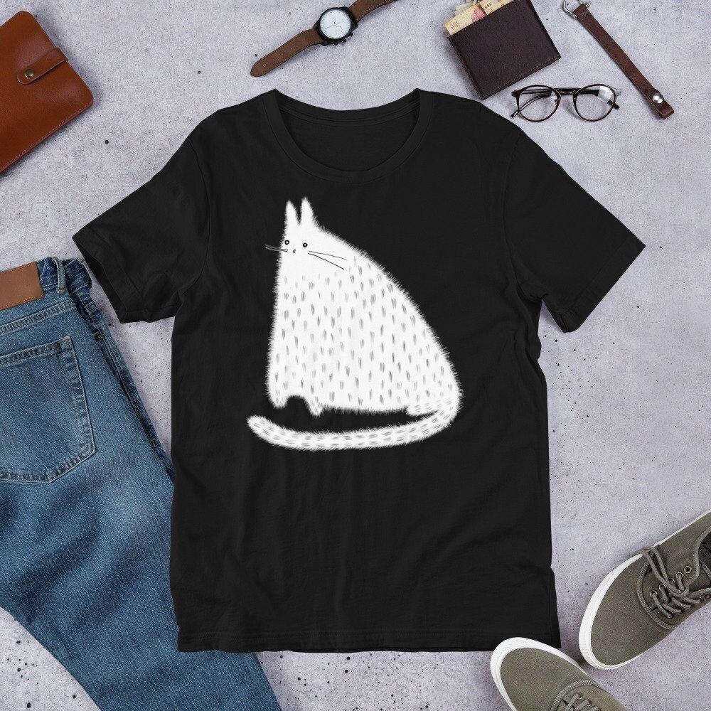 STRAIGHT CUT T-SHIRT Fluffy White Cat Shirt Folk Art Birthday Housewarming Gifts Plants Outsider Art Weird Stuff Quirky Whimsical Abstract