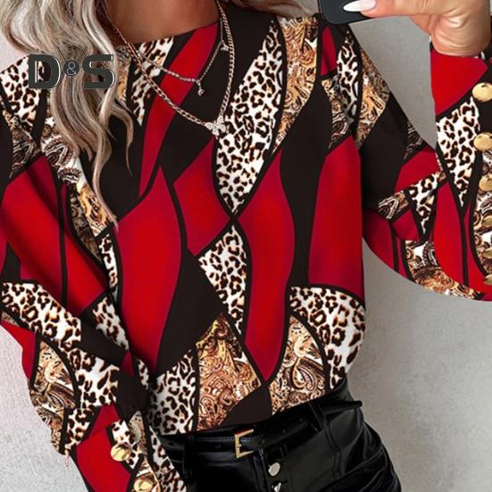 Women Spring Shirt Color Matching Print O Neck Long Sleeve Button Decor Soft Breathable Elegant OL Commute Blouse