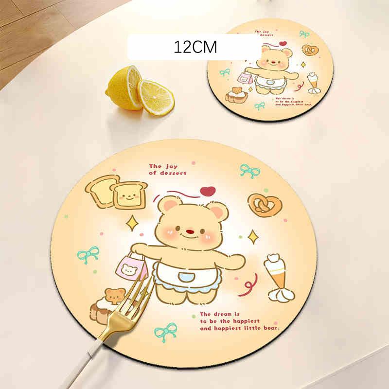 Cute Bear Rubber Coaster Round Heat Insulation Anti Slip Cup Mats Absorbent Reusable Pad Kitchen Items Accessories Decoration