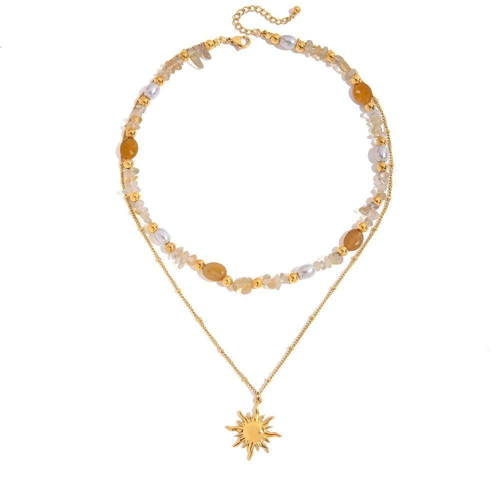 Stainless Steel Sun Pendant Layered Chain Double Stacked Neck Chain 18K Gold Plated Necklace Beach