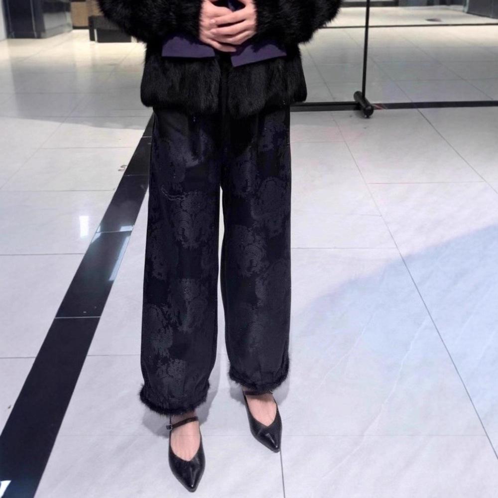 

Light Luxury Fleece-Lined Wide Leg Pants - Elastic Waist, Thickened, Patchwork Fur, Warm, New Chinese Style. XL for 90-110 jin чёрный