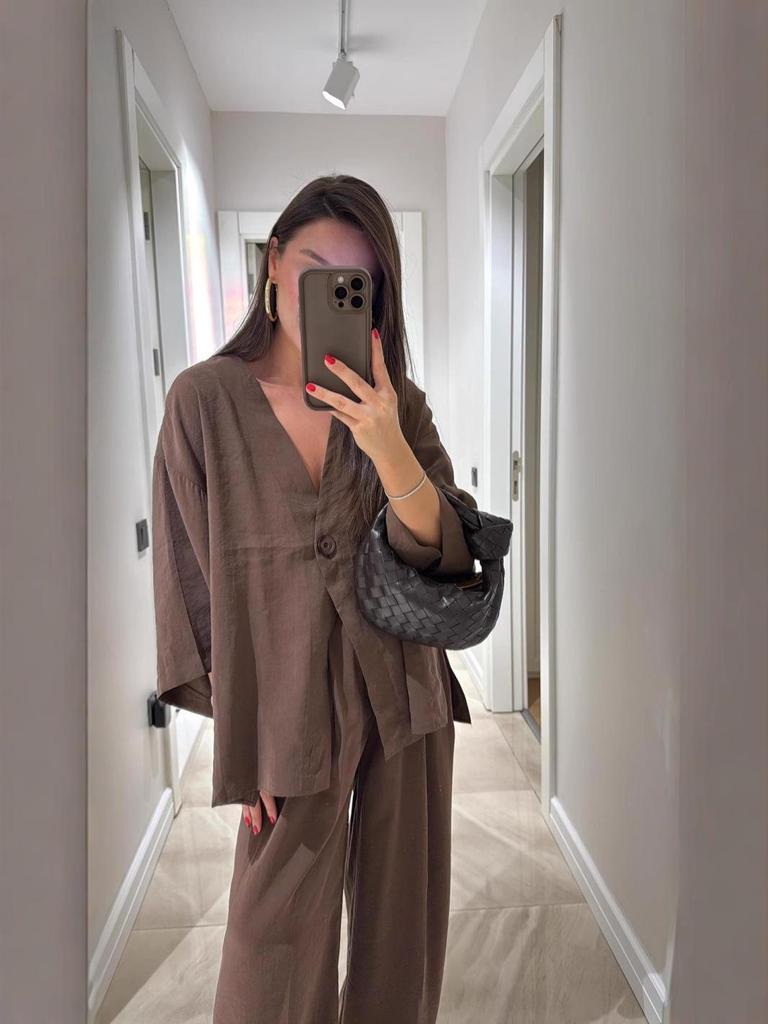 V-neck Long-sleeve Top & High-waisted Pants Women's Two-piece Set - 2025 Fashion Casual Style