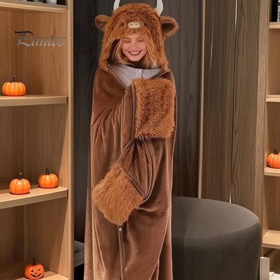 Comfortable Loungewear for Women Halloween Wearable Blanket Hoodie, Cozy Hooded Highland Cow Cape, Soft Festive Winter Throw Plush Sloth Black