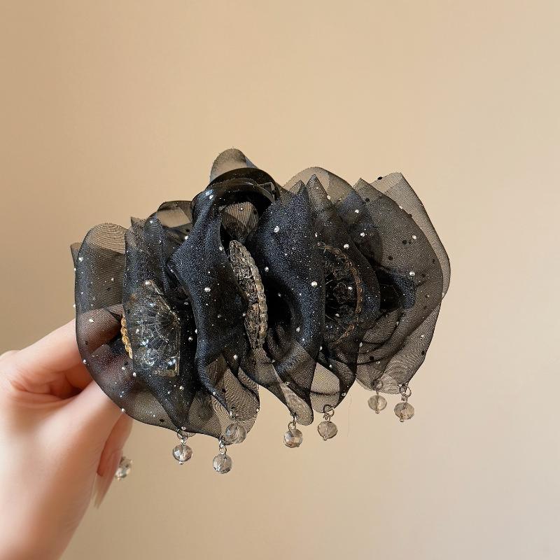 Sweet Mesh Tulle Tassels Hair Claw For Women Temperament Shining Zircon Ponytail Shark Clip Princess Headdress Hair Accessories