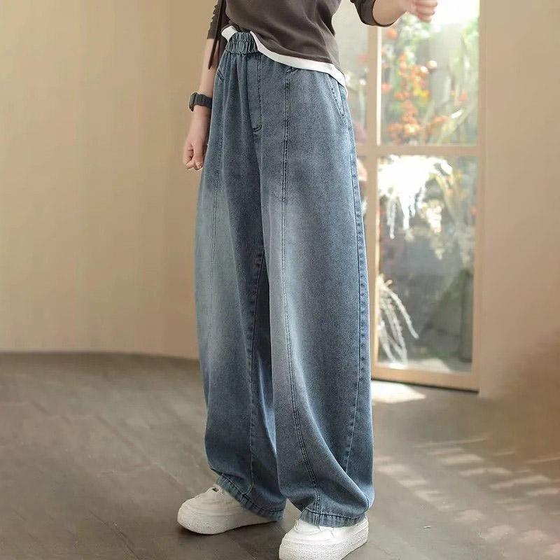 Pants for Women Plus Size Stretchy Elastic High Waist Long Trousers Solid Colour Casual Wide Leg Jean Pants