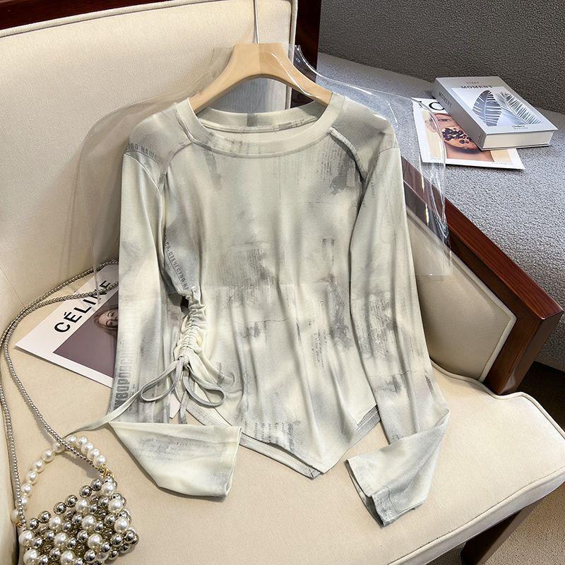 Women's 2025 Tie-Dye Drawstring Long-Sleeve Loose Top - Slim Fit, Korean Style, Spring/Autumn