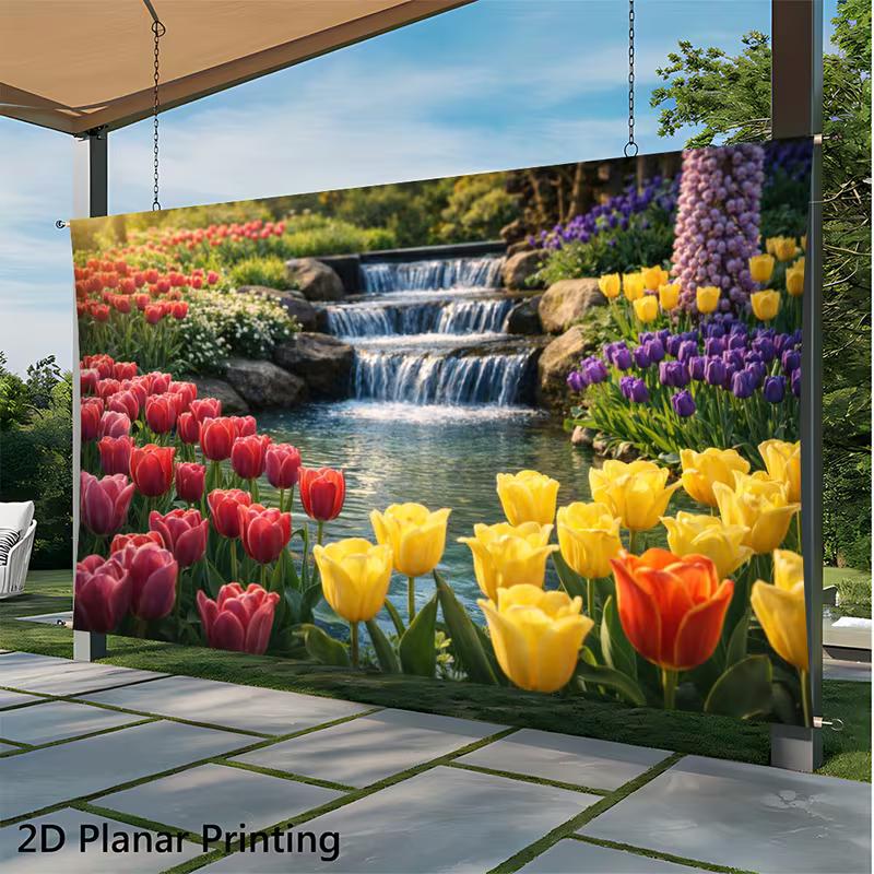 2D Flat Printed Tulip Backdrop, Vibrant Multicolor Tulip Garden with Waterfall Photo Background