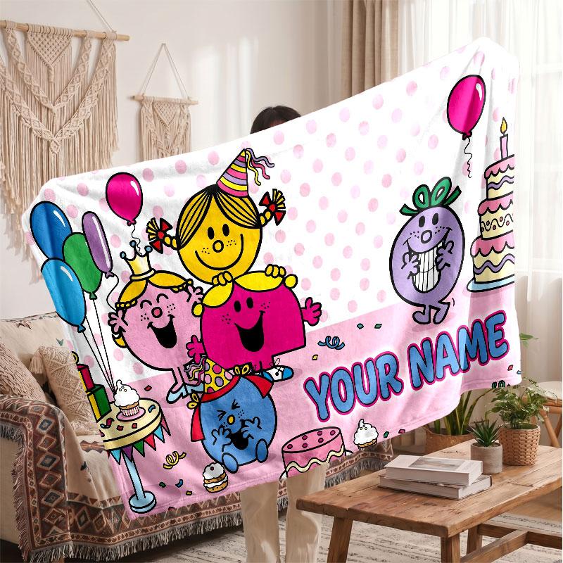 Mr. Men & Little Miss Personalized Flannel Blanket, Custom Printed Text Name, Warm Soft Blanket For Couch Bed