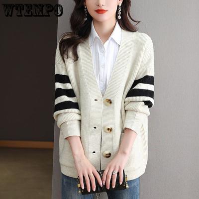 Damen Gestreifter Cardigan Pullover Herbst und Winter Neuer Stilvoller Pullover Farbblock Strickpullover Oberteil Kleidung