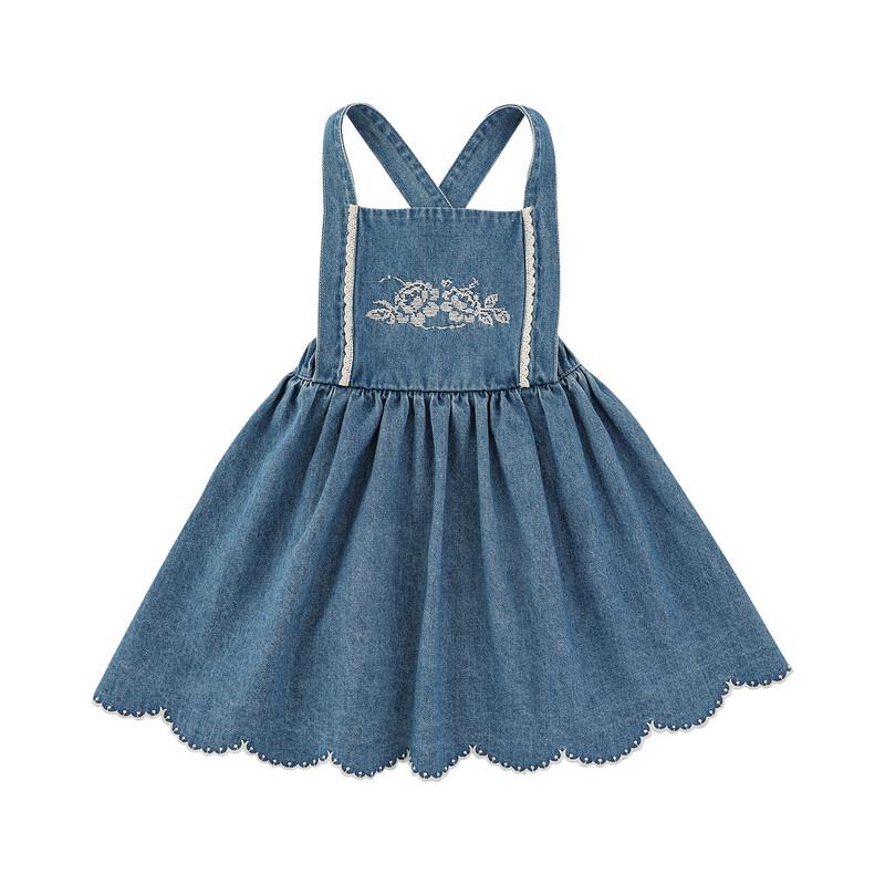 Girls  Retro Peter Pan Collar Shirt & Denim Suspender Skirt Set #100
