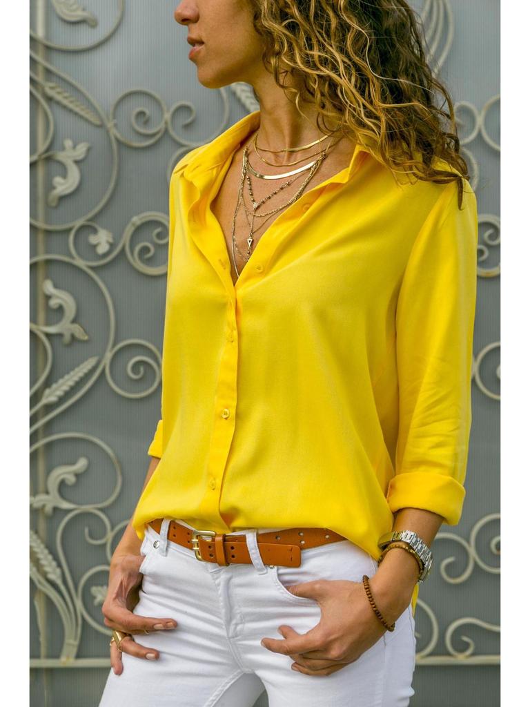 Women's Deep V Button-Up Chiffon Shirt - Long Sleeve, Autumn/Winter Collection