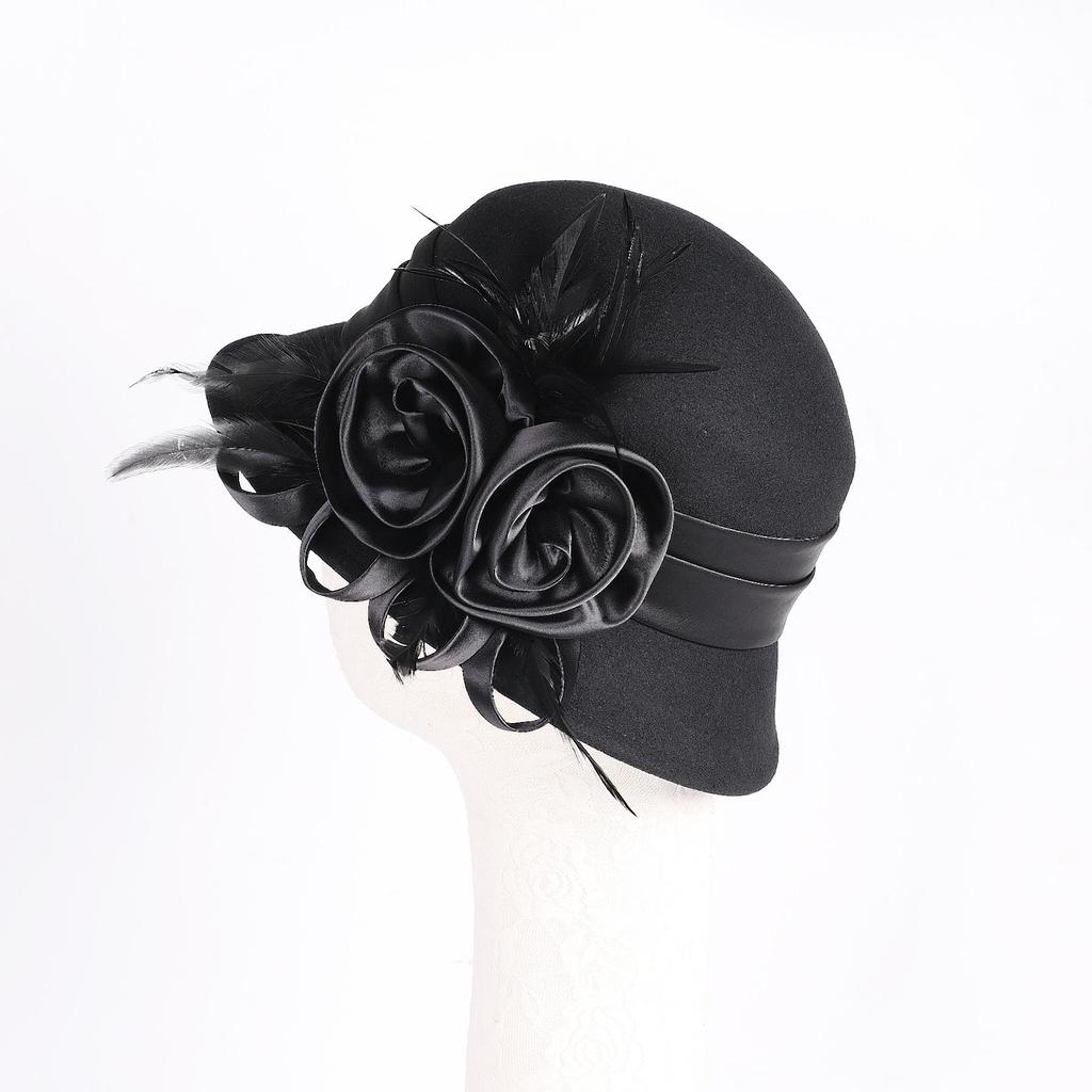 Vintage 1920s Wool Cloche Hat Black Elegant Floral Feather Church Fascinator Hat Derby Dress Hat with Satin Rose Embellishment
