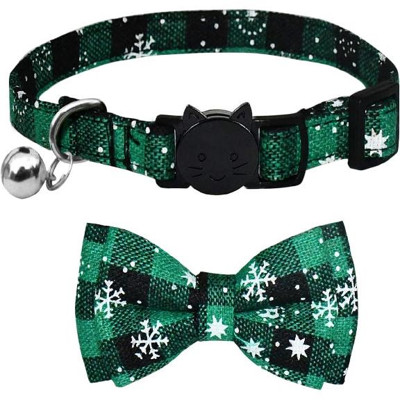 Malier Cat Collar with Christmas Snowflake Pattern Bow tie and Tiny Bell, Adorable Collar with Light Adjustable Buckle Pet Accessories for Kitten