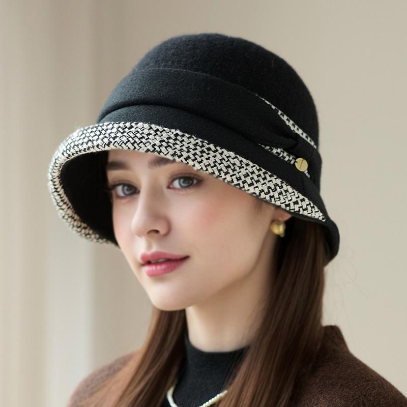 Nový dámský zimní klobouk bucket Módní malý kostkovaný vlněný klobouk kbelíkový Venkovní cestovní teplý klobouk