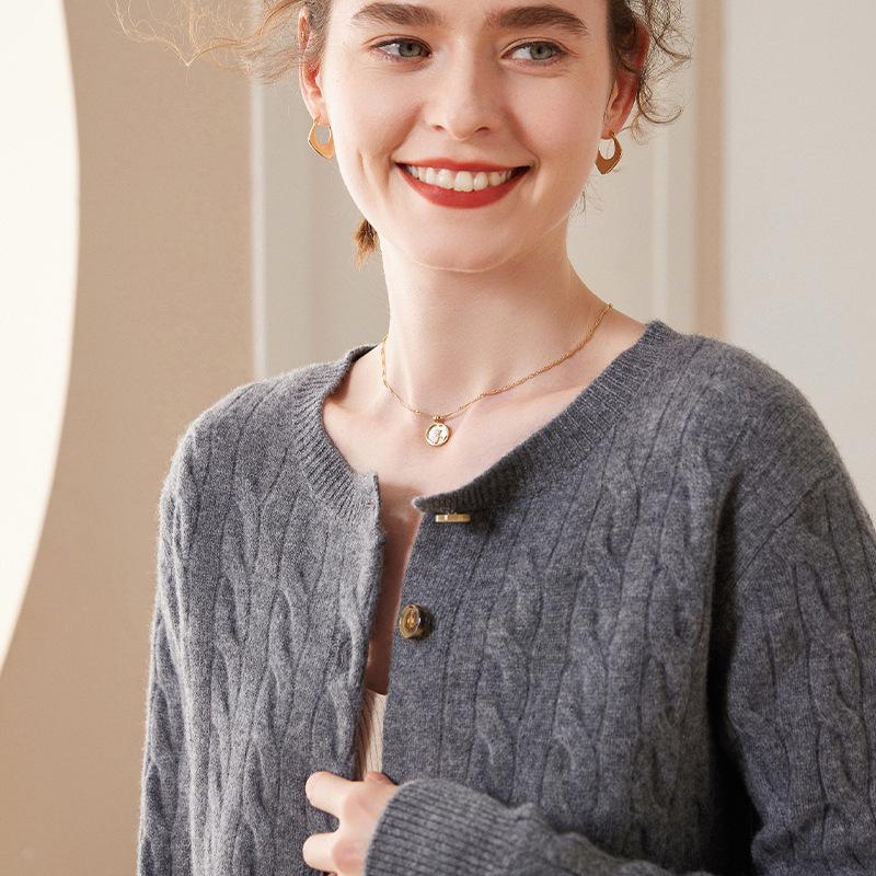 Women's 100% Pure Cashmere Round Neck Cable Knit Cardigan Sweater