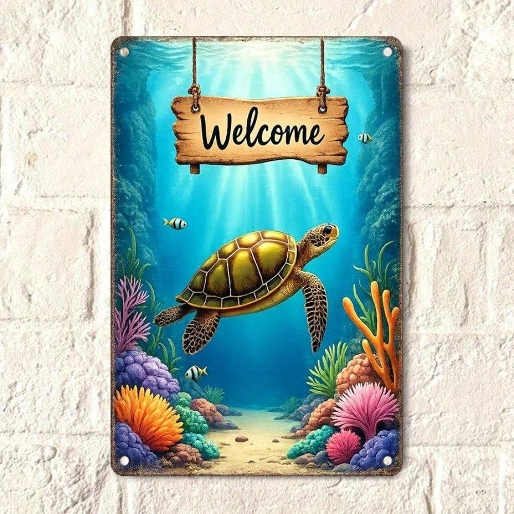 1pc Vintage Metal Tin Sign, Underwater Turtle Welcome 2D Flat Retro Wall Decor, 12x8 Inch Durable Iron Plaque, Easy-to-Hang Ornament