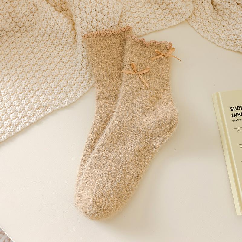 Ladies Autumn and Winter Thickened Velvet Warm Lovely Sweet Bow Lace Mid Tube Socks