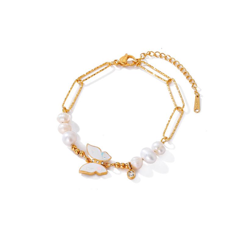 Stainless Steel 11K Gold Chain Butterfly Pearl Bracelet INS Wind Niche Design Gold Plated Bracelet