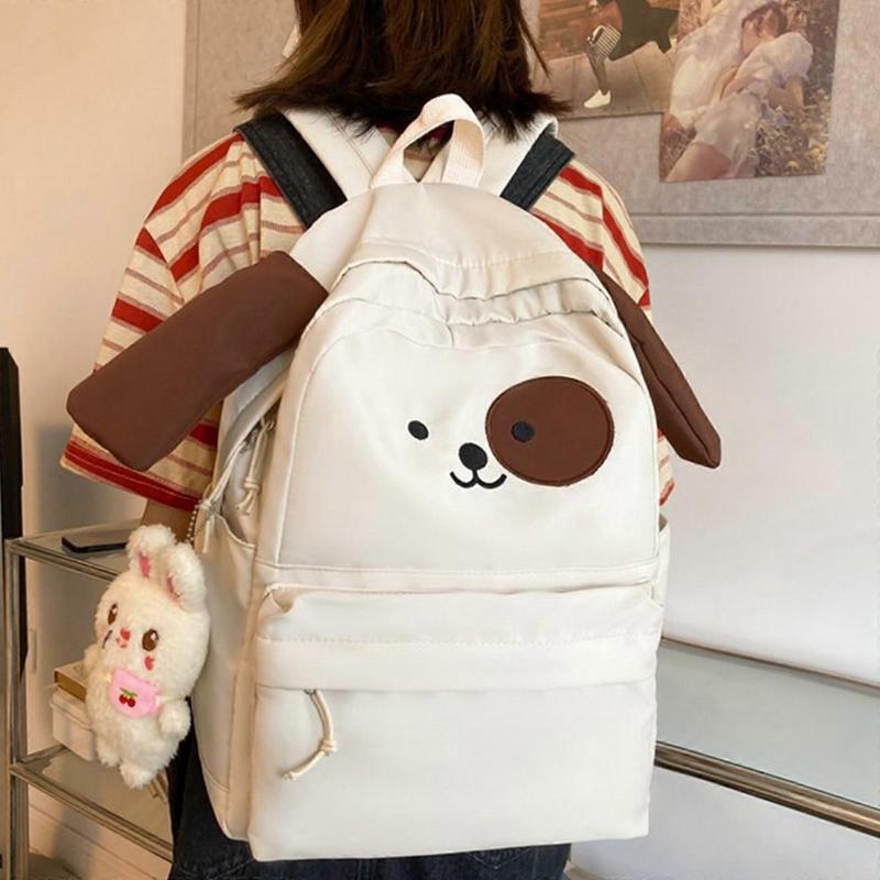 Cartoon Doggy Ears Nylon School Backpack Laptop Backpack School Bag for Student Teenagers Travel Casual Book Bags  White