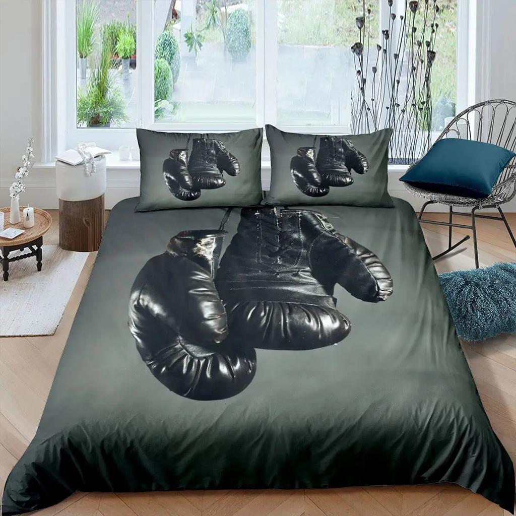 Boxing Duvet Cover Set Sports Games Theme Twin Bedding Set Microfiber Boxing Gloves Athlete Silhouette Queen King Quilt Cover