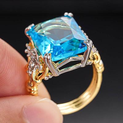 Huitan Delicate Two Tone Women Ring Elegant Wedding Noble Party Accessories Trendy Zircon Inlaid Shining Blue Cubic Zirconia
