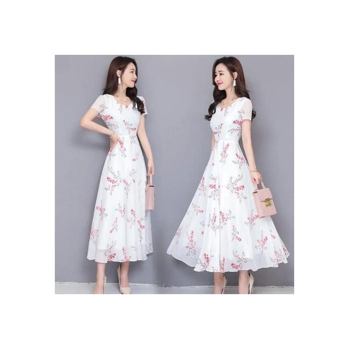 Fashion dress women's summer new floral short-sleeved medium and long skirt temperament thin and big pendulum long dress women