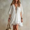 Rochie de plajă tip tunică pentru femei, stil boho, cu decolteu în V, din șifon fluid, cu bordură croșetată