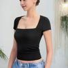 Summer Women T Shirt Streetwear Short Sleeve Square Collar Slim Fit Solid Color Pullover Top