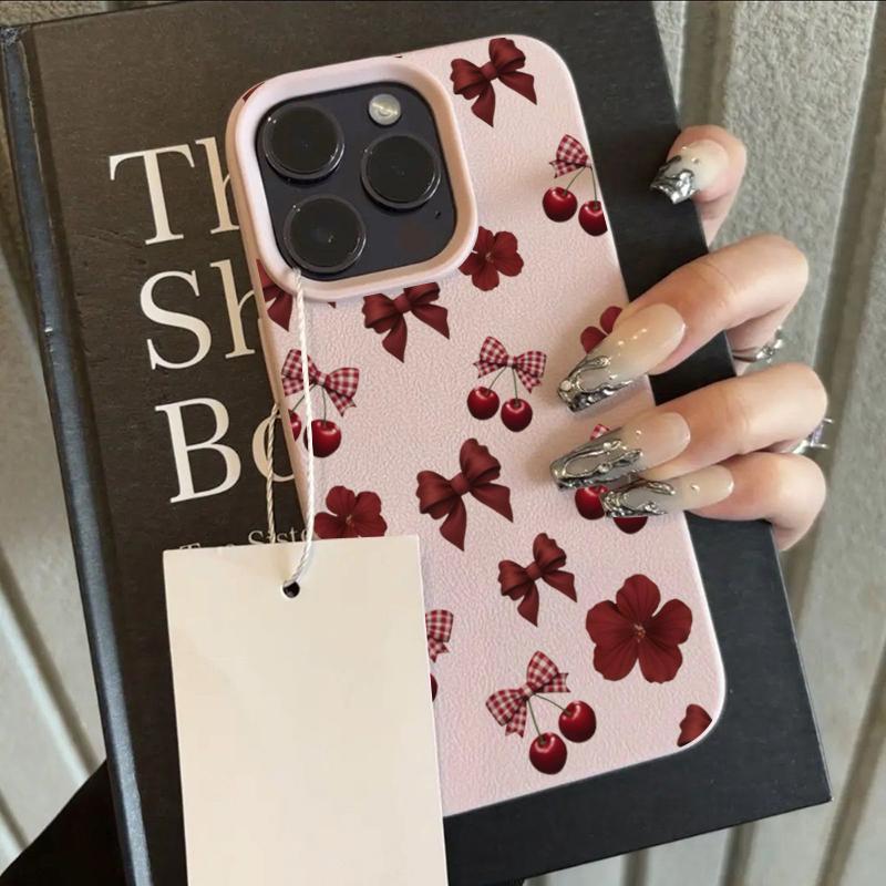 Wine Red Cherry Bow Floral Pattern Lychee Texture Phone Case For iPhone 11 12 13 14 15 16 17 Pro Max Plus 17 Air X XS Soft Cover