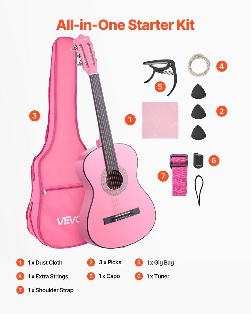 Classical Guitar, 960 mm, Wood Classical Guitar Starter Kit for Beginners, with Nylon Strings, Gig Bag, Strap, Tuner, Extra Strings, Picks, Capo,