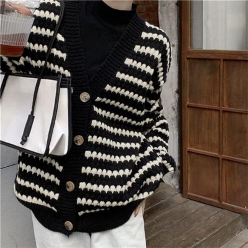Knitted Cardigan Autumn and Winter Clothing New Model with Lazy Wind Striped V-neck Thickened Sweater Jacket Women