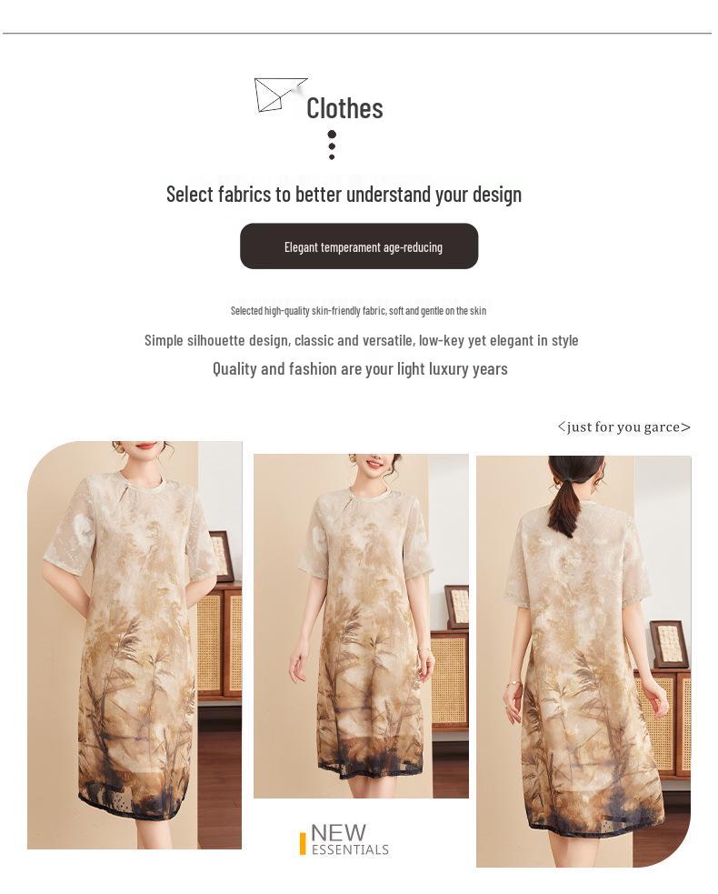 Elegant Chiffon Cheongsam: Stylish Summer Short-Sleeved Dress for Middle-Aged and Elderly