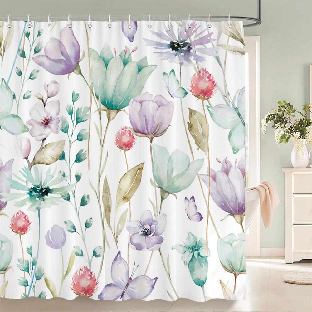 Beautiful Watercolor Flowers and Leaves Printed Shower Curtain Polyester Waterproof Bathroom Curtain Home Decoration With Hooks