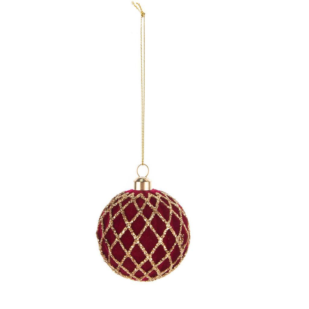 6cm Burgundy Flocked Christmas Baubles with Gold Glitter, 48Pcs Gift Box, 4 Patterns Xmas Tree Hanging Ornaments