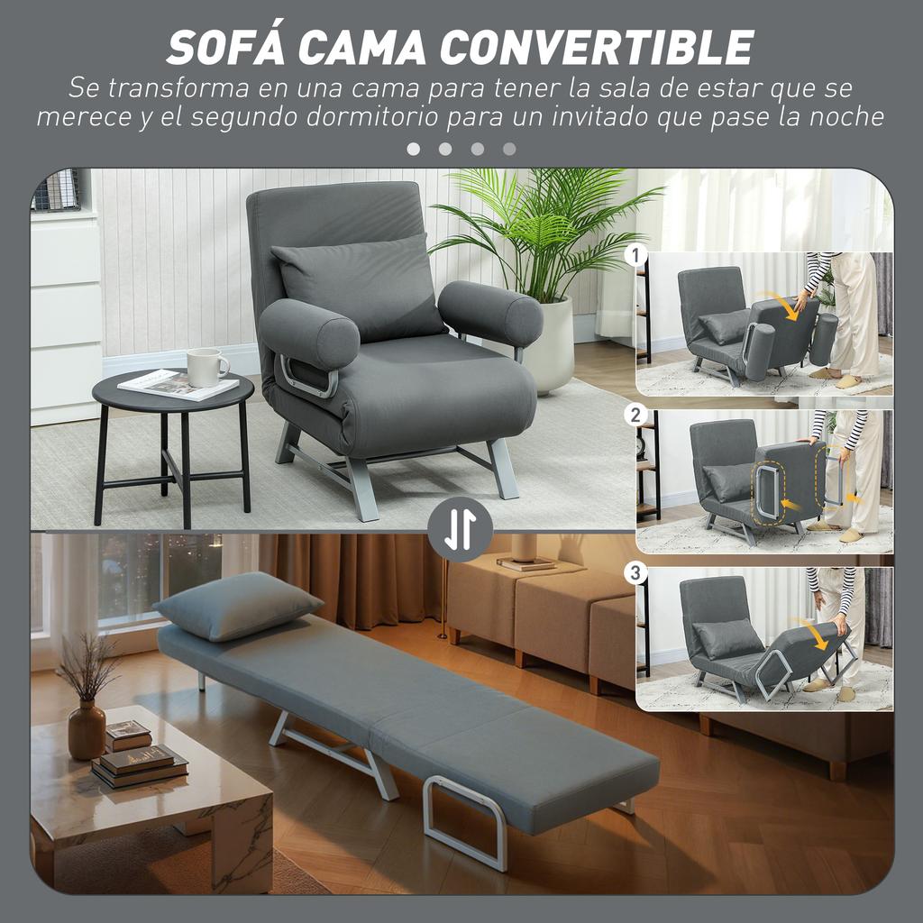 Single Bed Armchair 3 in 1 Folding Sofa Bed with Adjustable Backrest and Cushion for Living Room Bedroom 73x78x81 cm Grey
