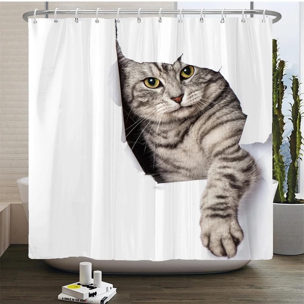 Funny Cute Cartoon Bathing Cat Dog Shower Curtains Bathroom Bathtub Decoration Waterproof Bath Curtain Home Decor with Hooks