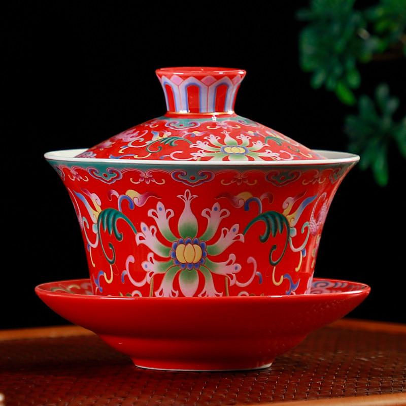 WSHYUFEI Jingdezhen Porcelain Gaiwan Exquisite Enamel Color Tea Bowl with Saucer Lid Kit Handmade ceramics Teaware 280ml